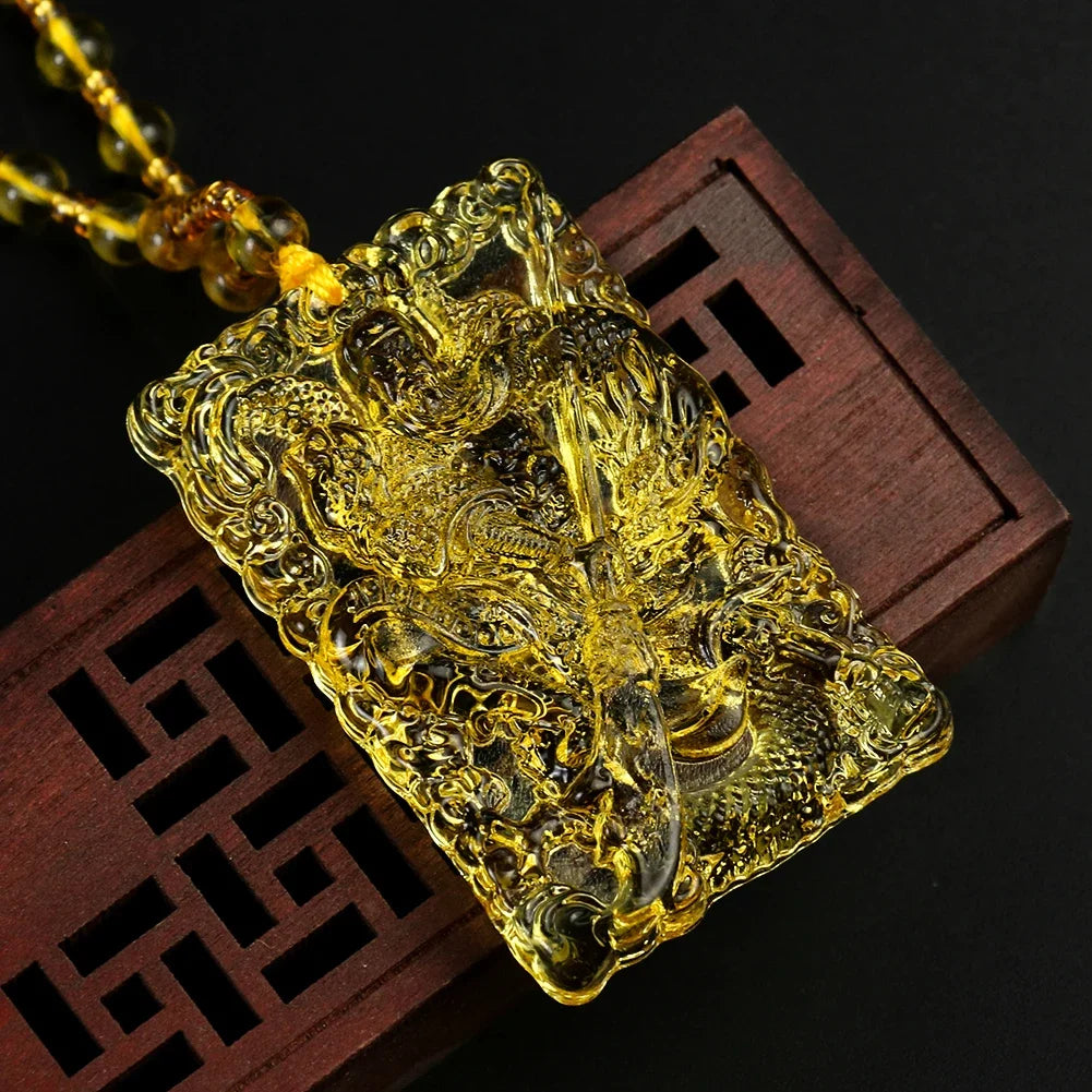 Chinese Citrine Guan Yu Pendant Necklace Lucky Ward Off Evil Spirits Auspicious Amulet Sweater Chain Protection Jewelry Gift