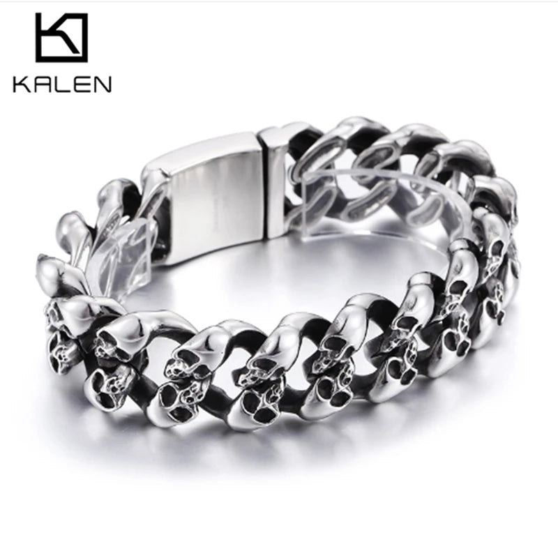 Personalized Skull Bracelet Men‘s Punk Chunky Stainless Steel Accessories Polished Gold Color Cuban Chain Trendy Jewelry