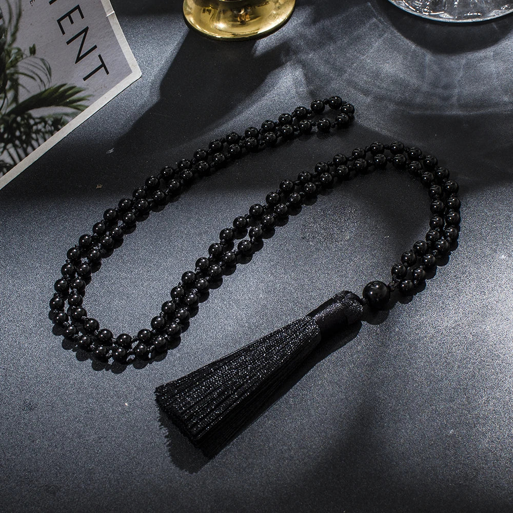 6mm Black Onyx Beaded Knotted 108 Mala Necklace Meditation Yoga Prayer Jewelry Japamala Tassel Rosary