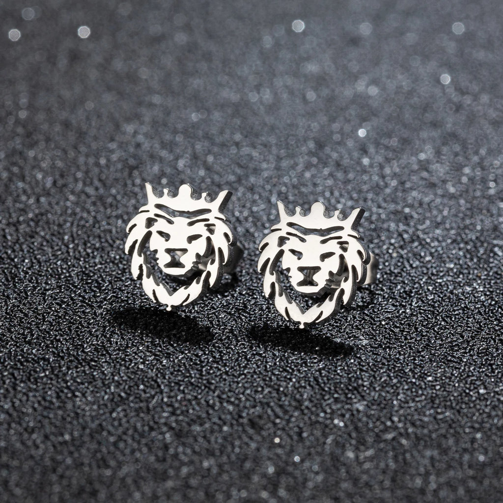 Crown Lion Head Stud Earrings — Hollow Cutout, Stainless Steel