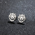 Crown Lion Head Stud Earrings — Hollow Cutout, Stainless Steel