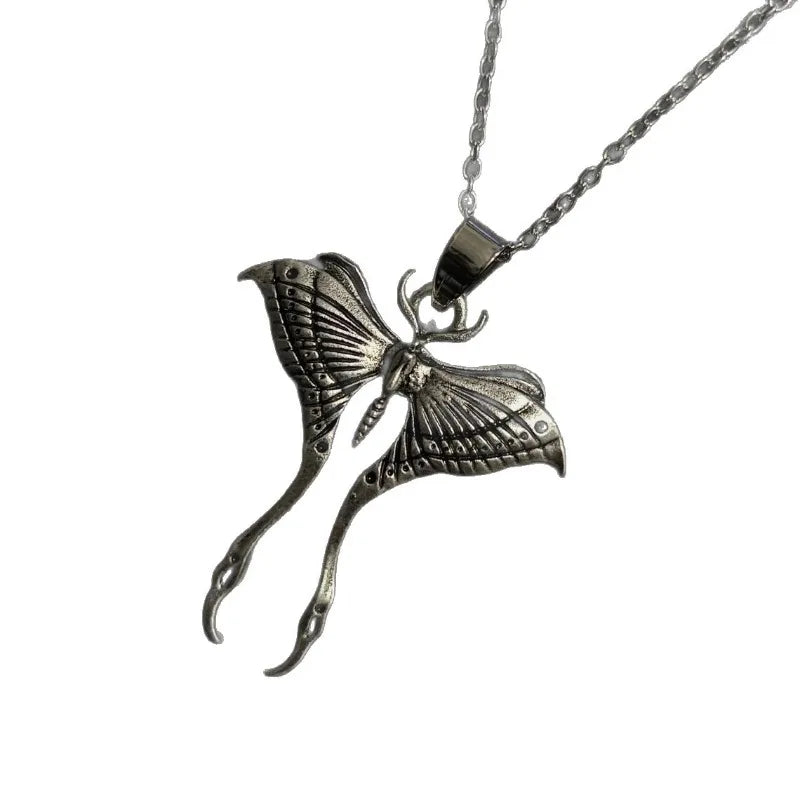 Gothic Punk Ancient Silver Moon Moth Pendant Necklace for Men Women Halloween Witch Daily Wear Alternative Jewelry Accessories
