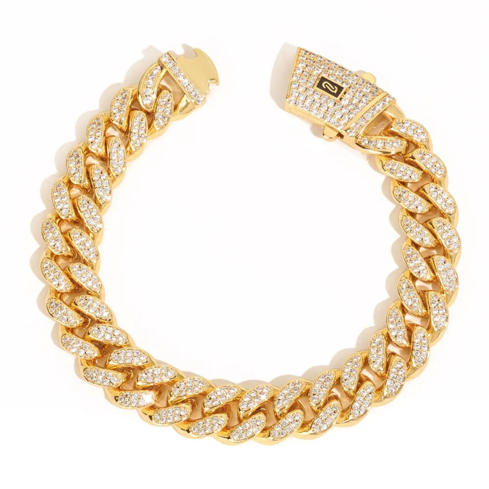 Gold Cuban Bracelet Iced Out 12MM Monaco 18K