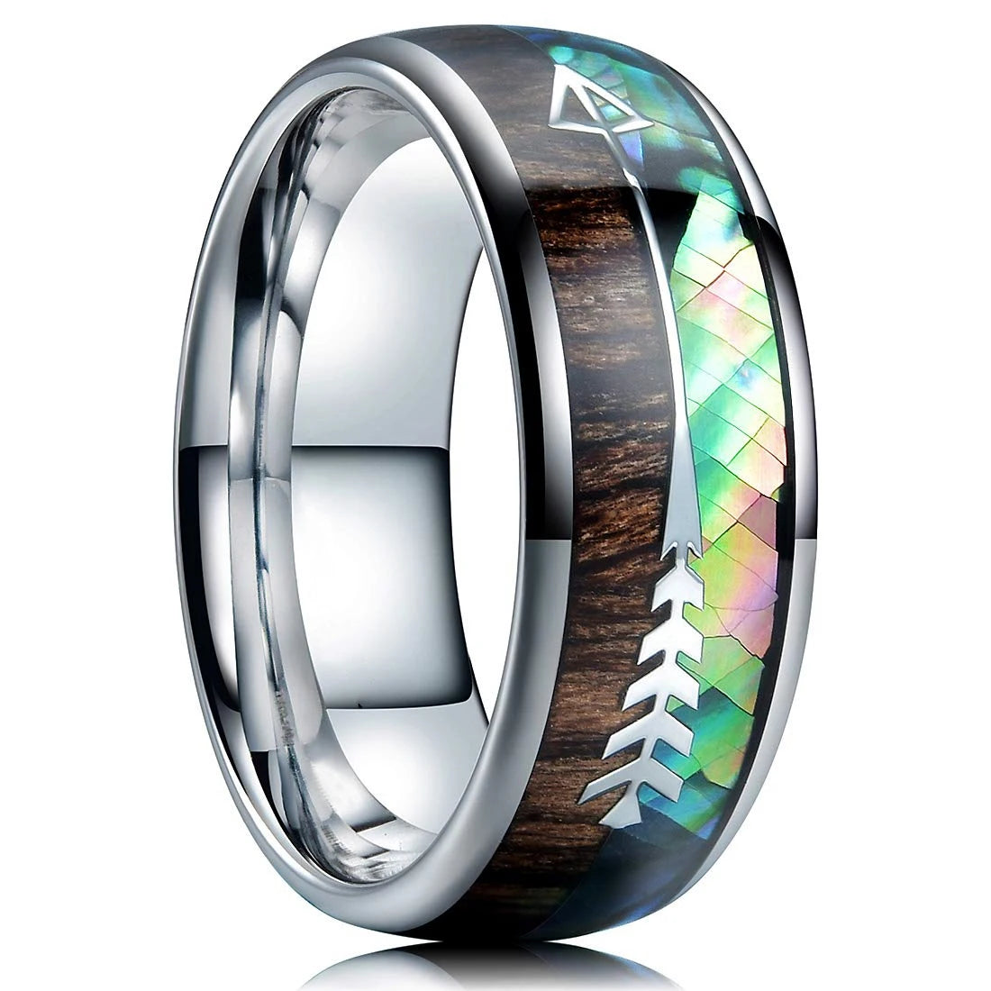 Fashion 8mm Silver Color Men Stainless Steel Ring Inlay Colorful Abalone Shell Rings For Men Women Wedding Band Jewelry Gifts