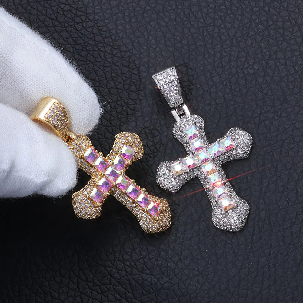 Cross Pendant Necklace Iced Out Colored CZ