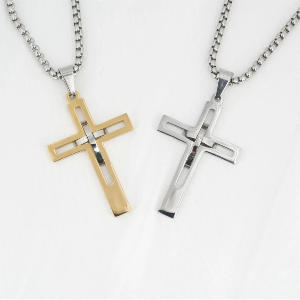 Fashion Double Cross Pendant Jesus Necklace for Men Boy Stainless Steel 24Inch Chain Link Necklaces Male Religious