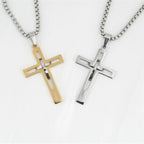 Fashion Double Cross Pendant Jesus Necklace for Men Boy Stainless Steel 24Inch Chain Link Necklaces Male Religious