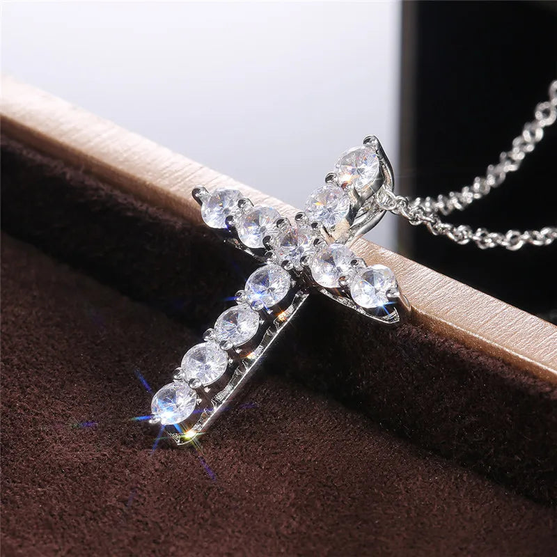 925 Sterling Silver Cross Necklaces for Female Brilliant Round CZ Stone Women's Neck Chain Hiphop Party Jewelry