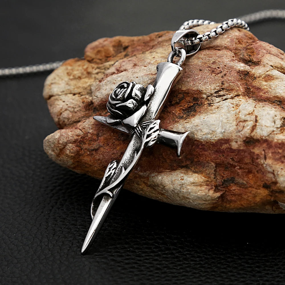 Fashion Vintage Rose Cross Necklace for Man Woman Punk 316L Stainless Steel Couple Pendant Creative Amulet Jewelry