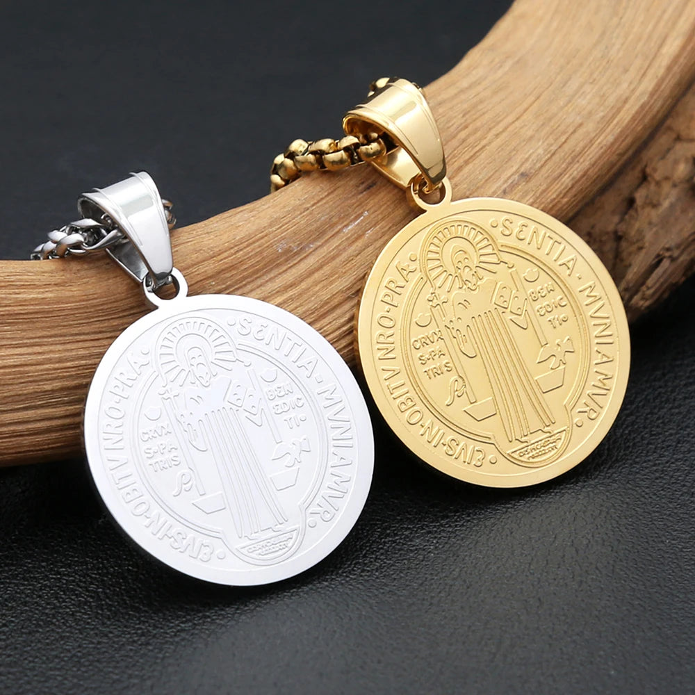 Catholic 316L Stainless Steel Saint Benedict Cross Pendant Necklaces For Men Women Religious Exorcism Prayer Jewelry