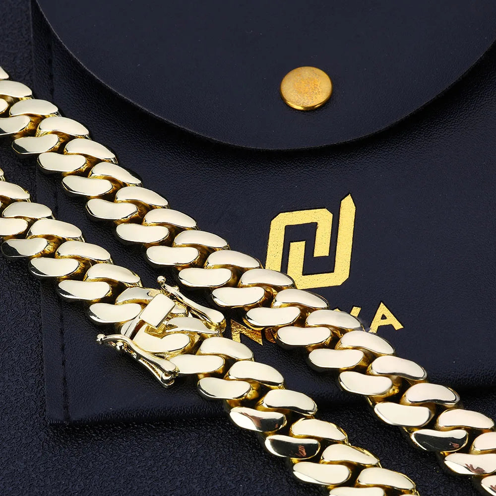 Gold Cuban Chain Necklace 12MM Brass 14K Monaco