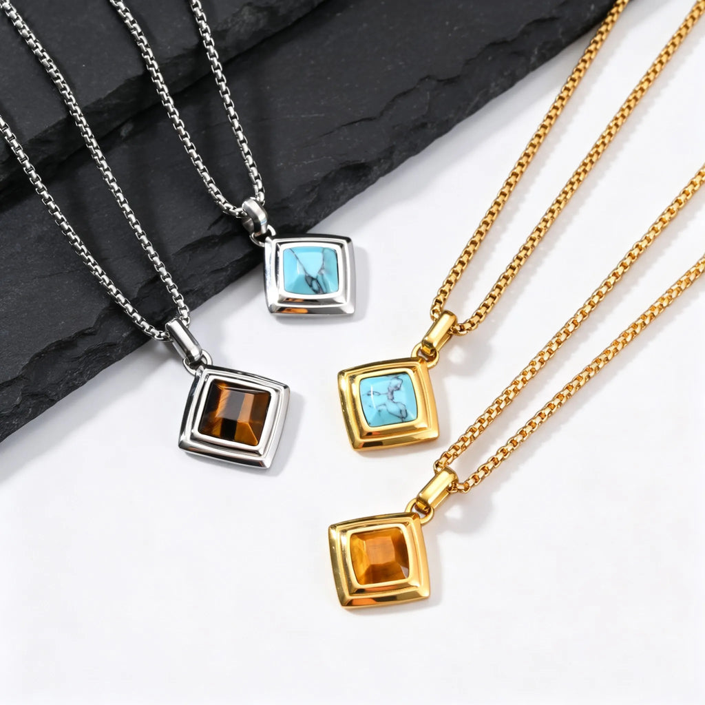 Stylish Natual Stone Necklace for Men,Stainless Steel Geometric Pendant Necklace,New Trend Jewelry Gift