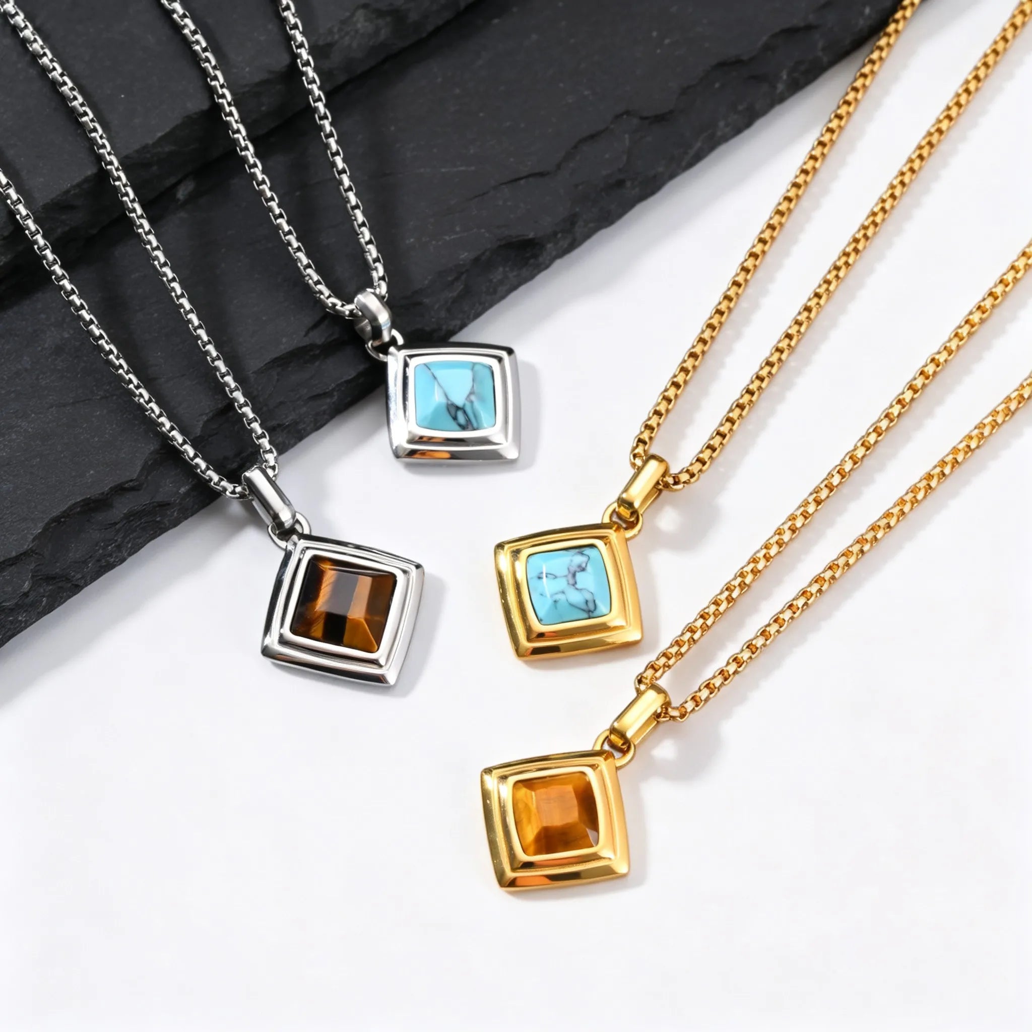 Stylish Natual Stone Necklace for Men,Stainless Steel Geometric Pendant Necklace,New Trend Jewelry Gift