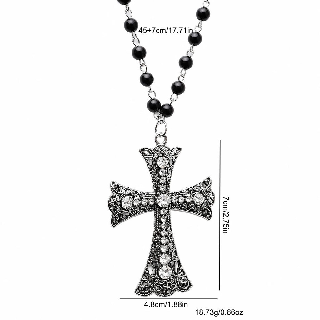 Crystal Filigree Cross Beaded Necklace — Black