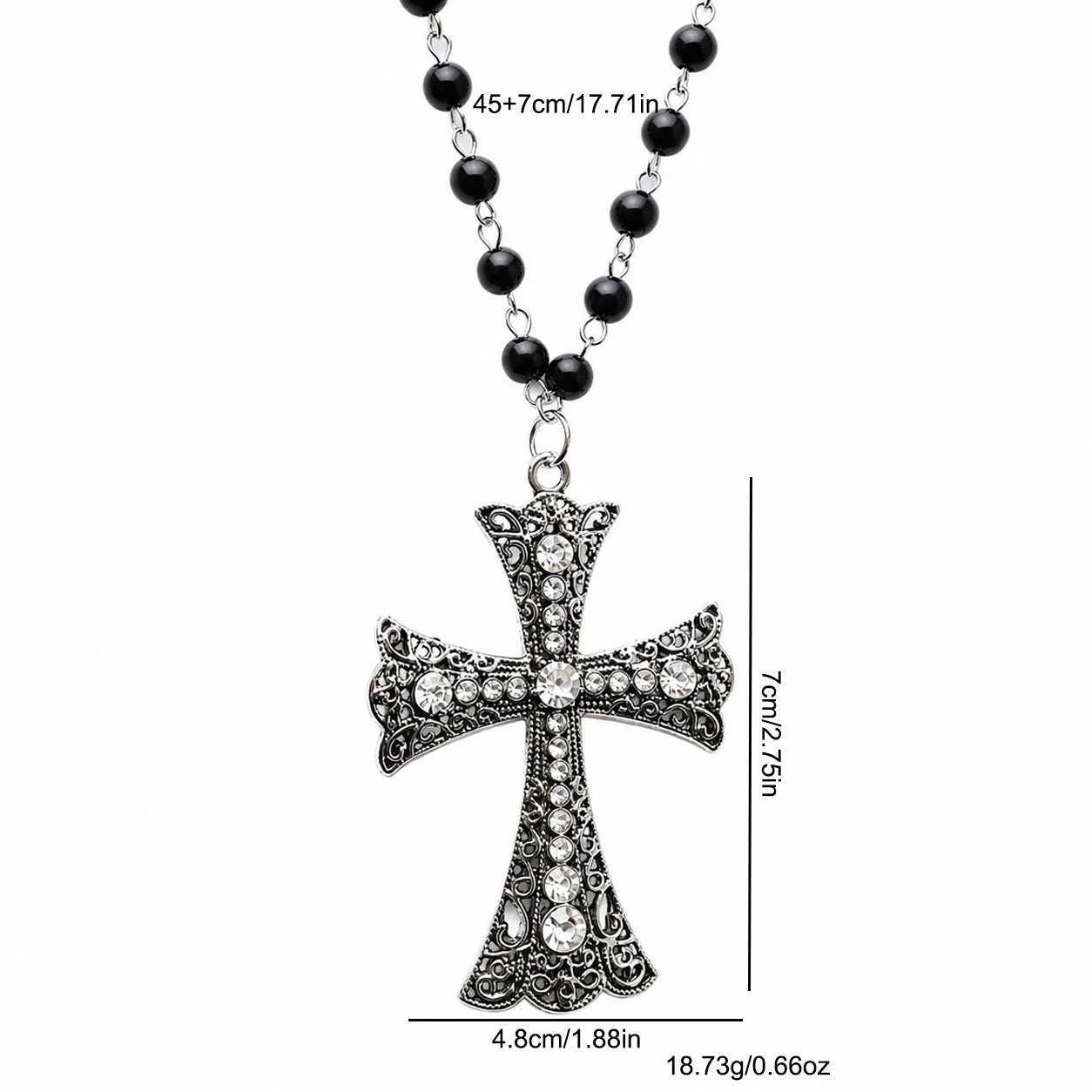 Crystal Filigree Cross Beaded Necklace — Black
