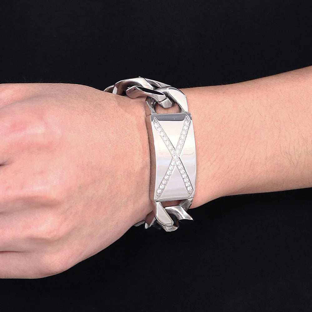 Massive Man Bracelet 20MM Width Men's Stainless Steel Cuban Link Chain Bracelet with CZ Gothic Biker Jewelry Accessory
