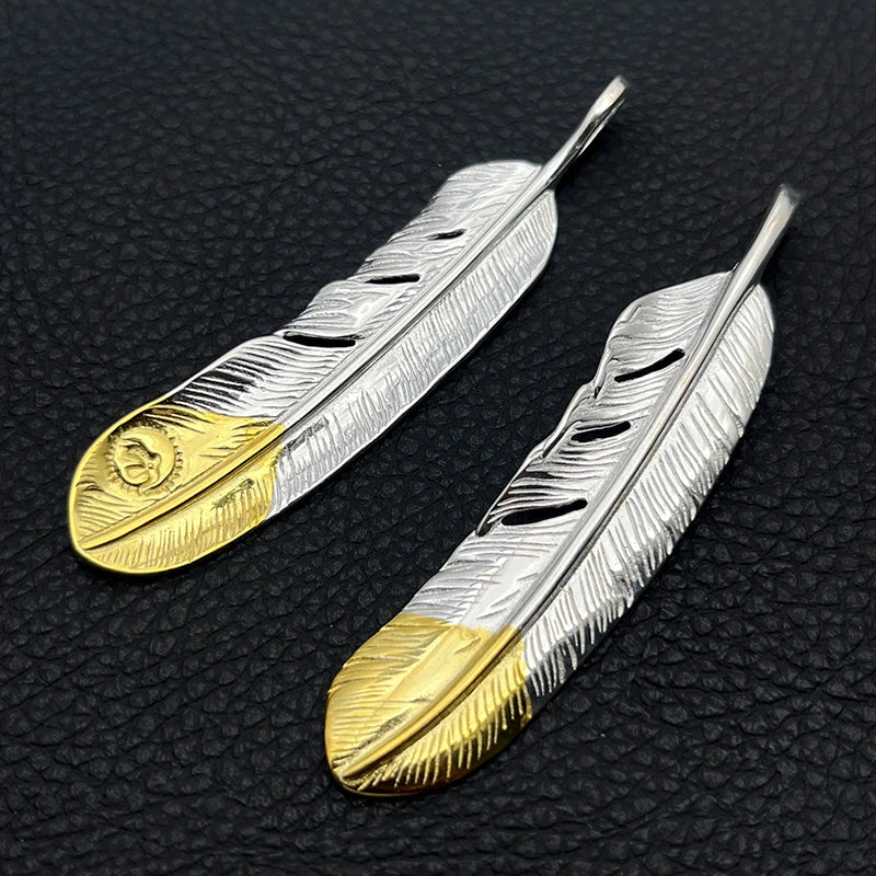 Handmade Two Tone Feather Pendant Necklace Silver Plated Alloy Men Women Vintage Biker Native American Goros Jewelry Gift