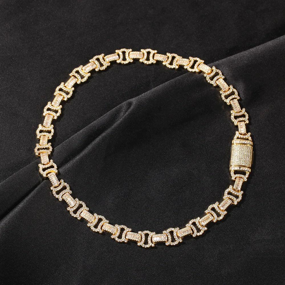Uwin 12mm Byzantine Chain CZ Fully Iced Out Link Baguetter Pave Setting Necklace Jewelry Accessories