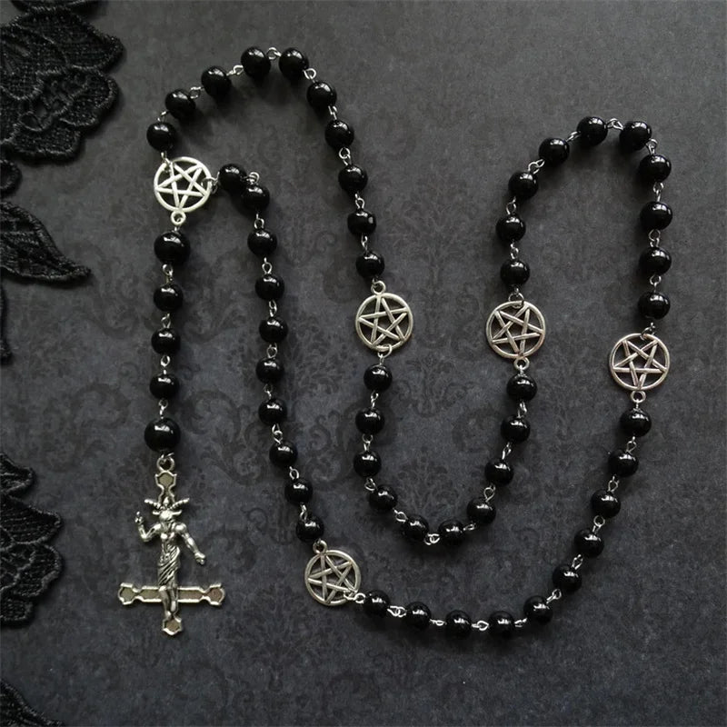 Baphomet Pentagram Cross Necklace — Black Metal