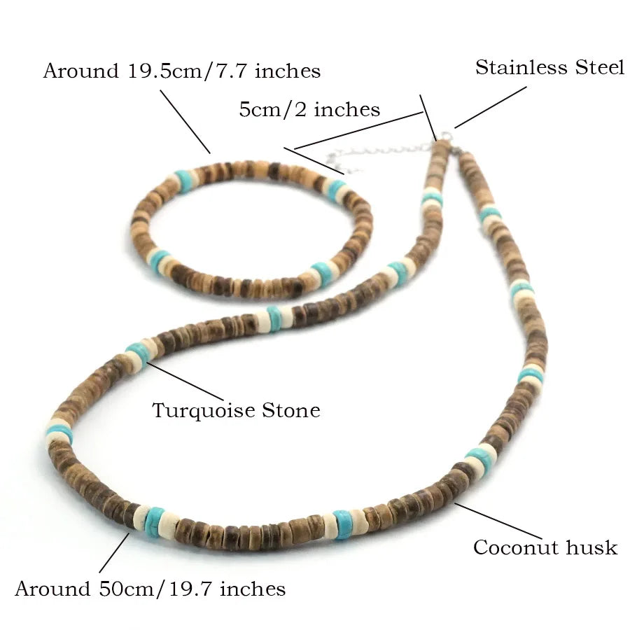 Coconut Wood Necklace Bracelet Set — Stainless Steel