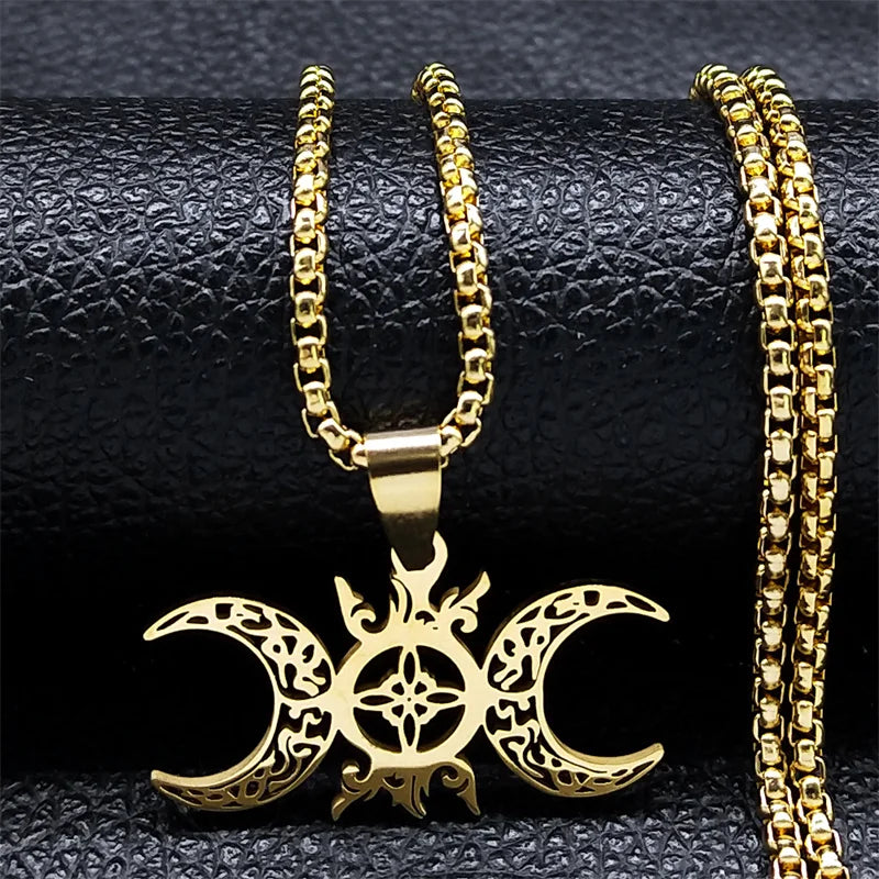 Wicca Celtic Knot Triple Moon Goddess Necklace Stainless Steel Gold Color Witch Amulet Chain Necklaces Pagan Jewelry