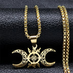 Wicca Celtic Knot Triple Moon Goddess Necklace Stainless Steel Gold Color Witch Amulet Chain Necklaces Pagan Jewelry
