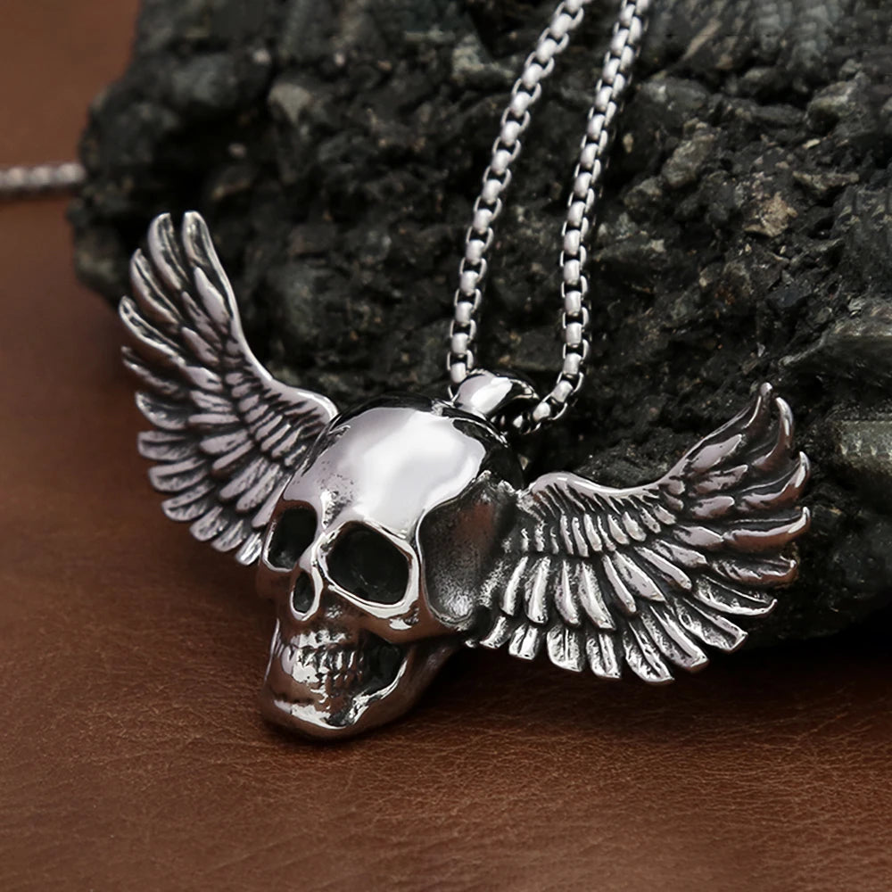 Skull Steel Pendant Big Size Fallen Angel Wings