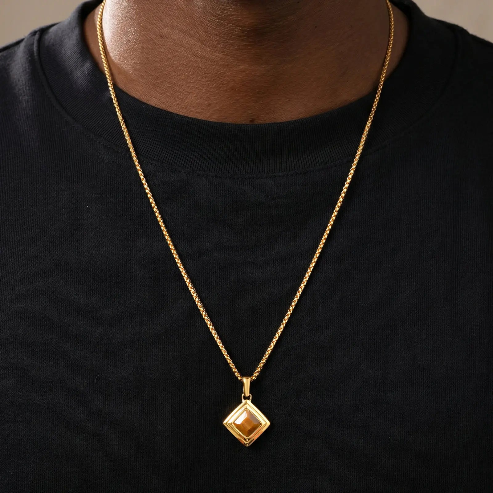 Stylish Natual Stone Necklace for Men,Stainless Steel Geometric Pendant Necklace,New Trend Jewelry Gift