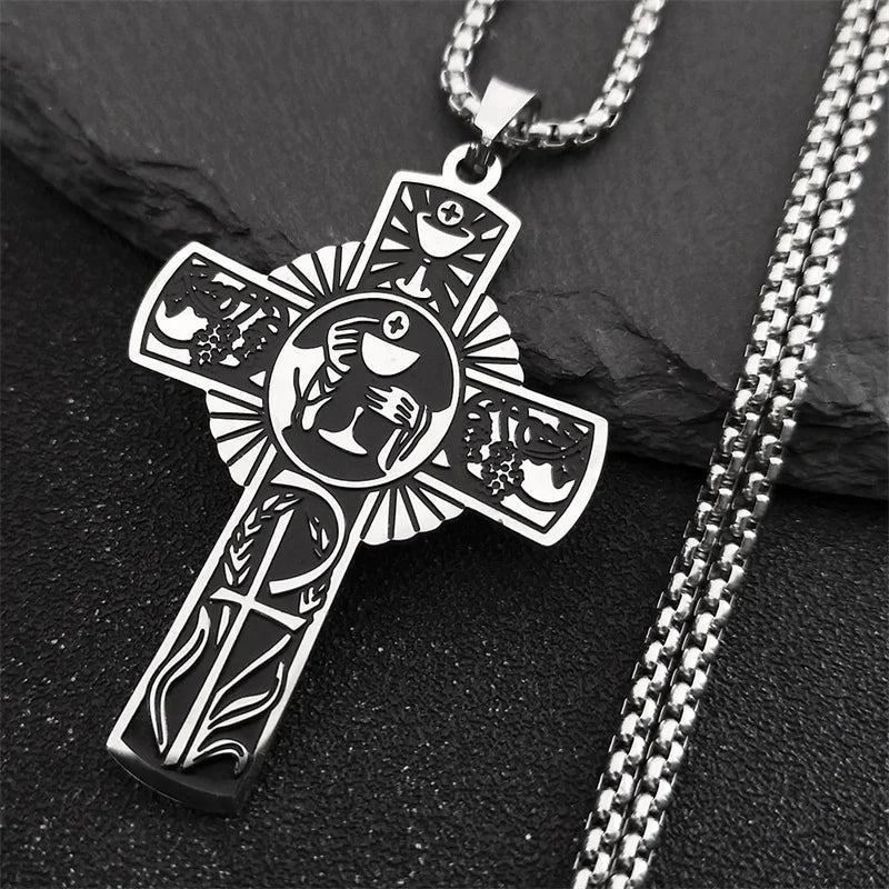 Christian Christ Eucharist Halo Grape Juice Cross Necklace Stainless Steel Men Women Catholic Holy Spirit Church Chain