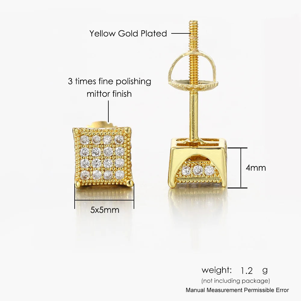 Iced Out Square Stud Earrings 5mm — Gold