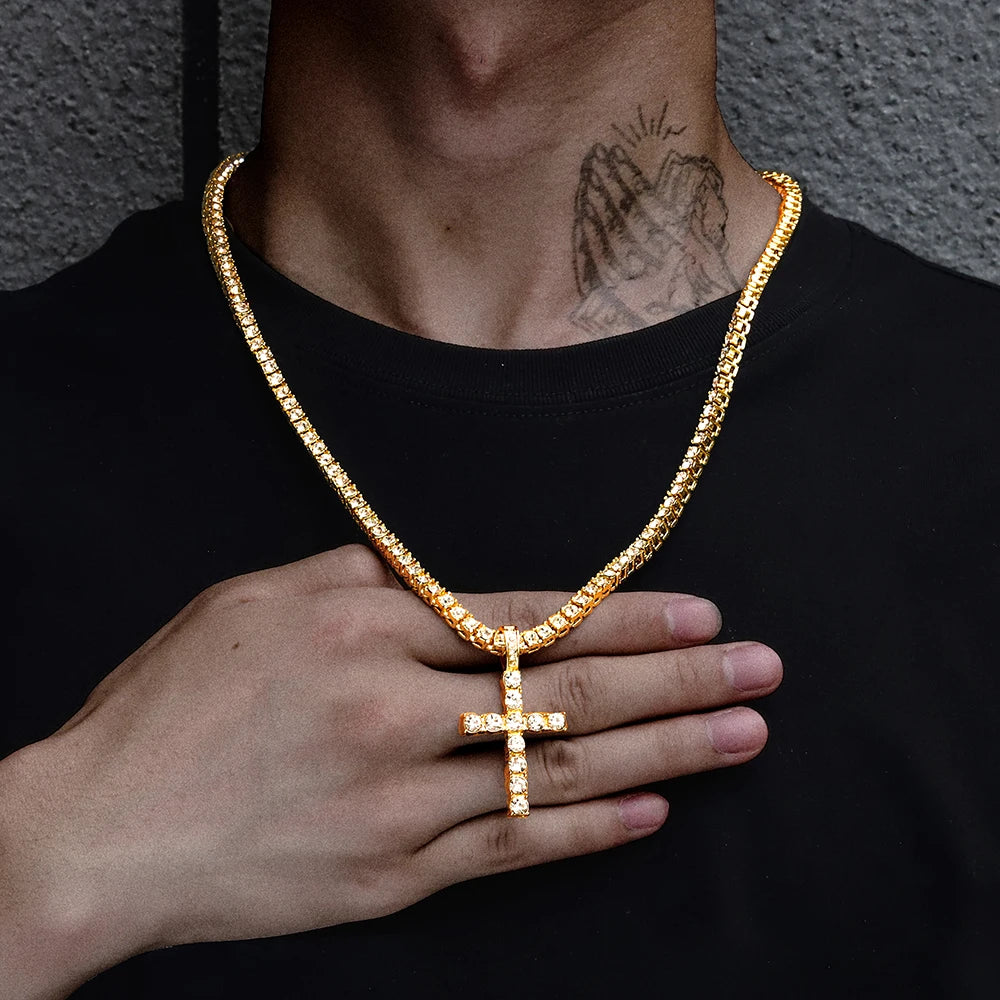 Iced Out Cross Pendant Necklace With 4mm Tennis Chain Religious Charm Full Rhinestone Bling Hip Hop Jewelry for Men and