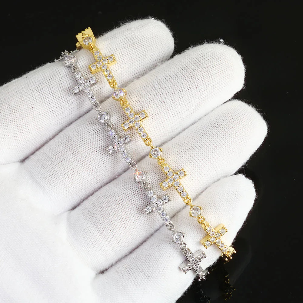 Gold Cross Iced Out Chain Bracelet 5MM