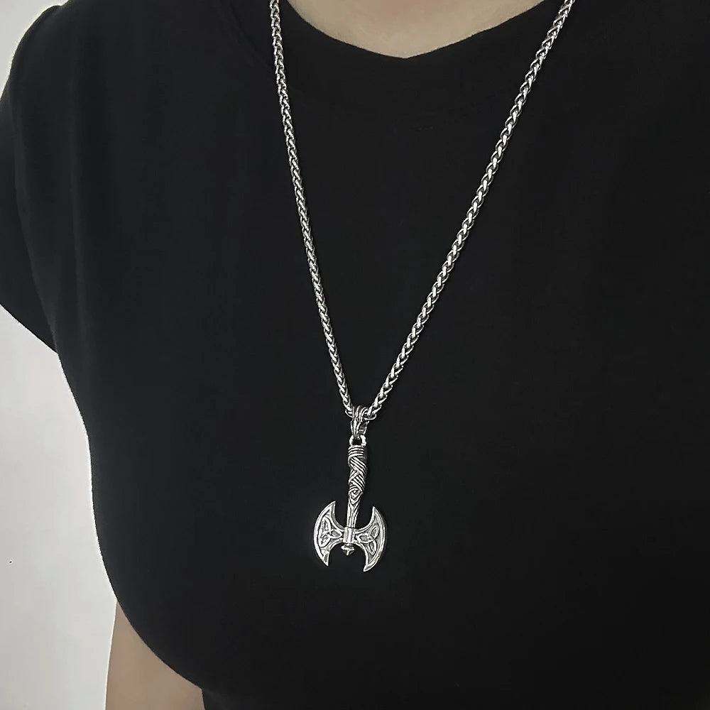 Viking Double Axe Silver Warrior Pendant Necklace