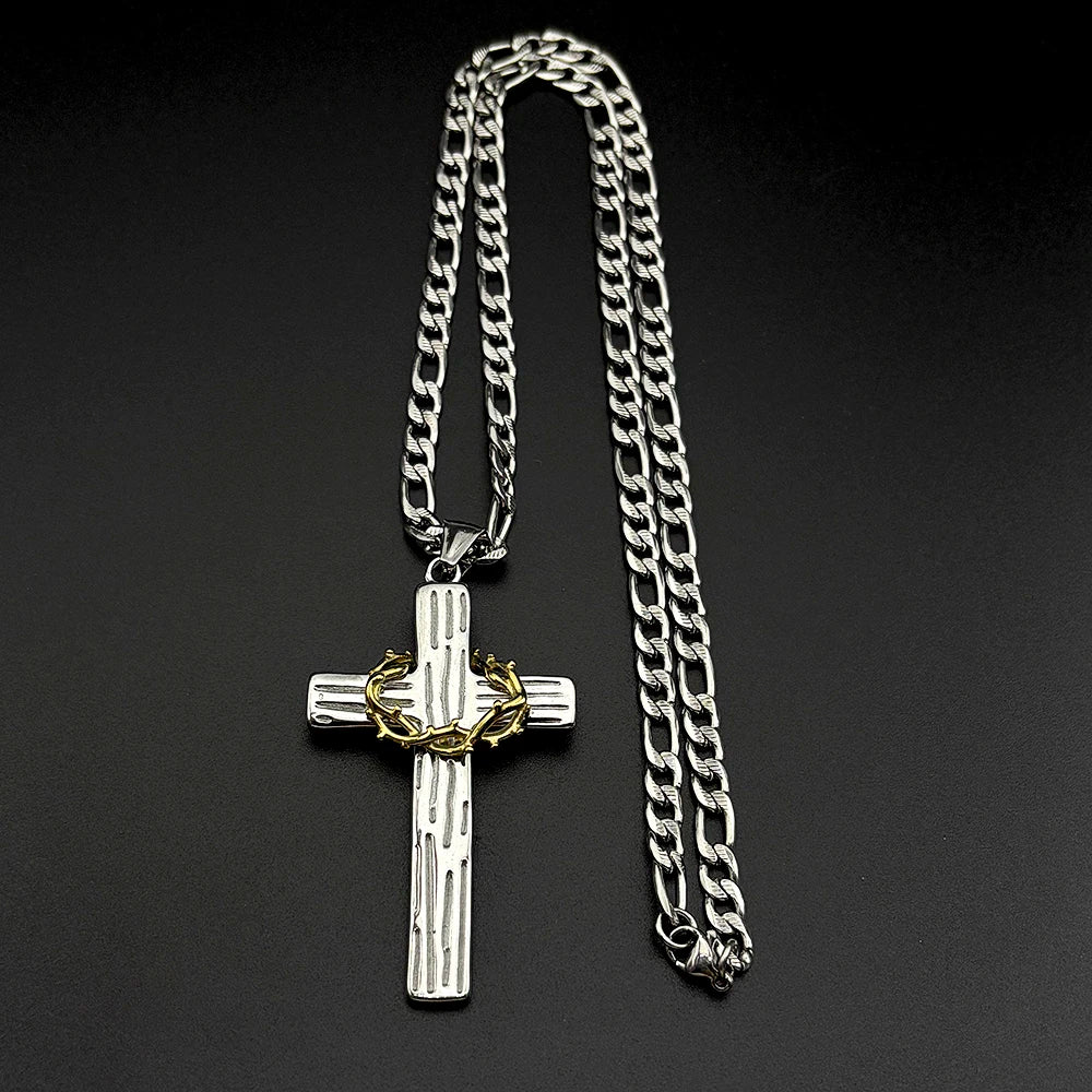 Crown of Thorns Jesus Cross Pendant — Two-Tone