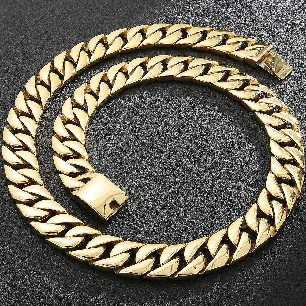 Mens Necklaces Brushed Gold Color Stainless Steel 20MM Wide Curb Chain Tight Cuban Link HipHop Neck Chains for Men