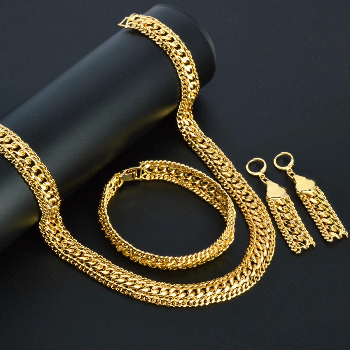 Chunky Chain Cross Collar Necklace Earrings Bracelet Set