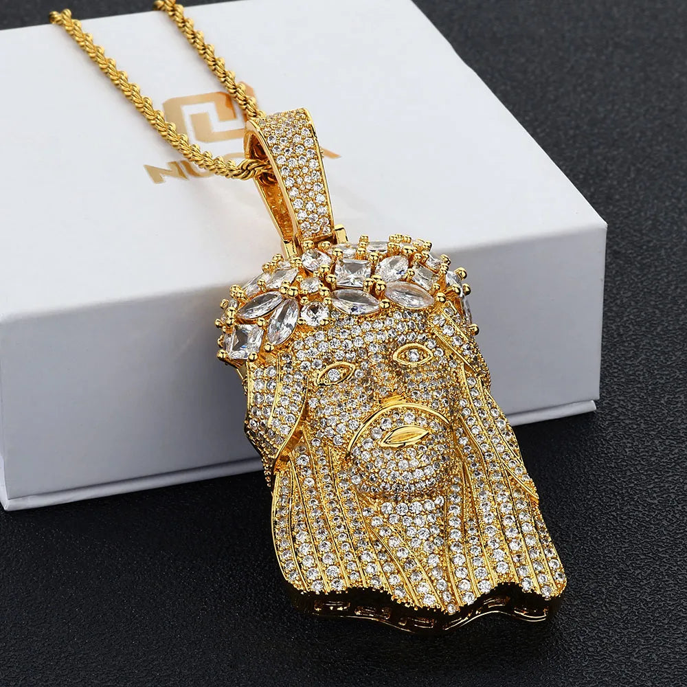 Gold Jesus Face Pendant Necklace Iced Out 18K