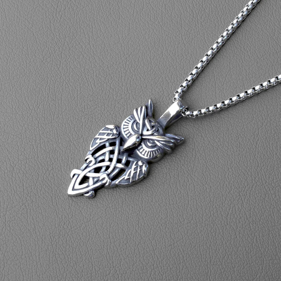 Silver Owl Pendant Necklace Viking Style
