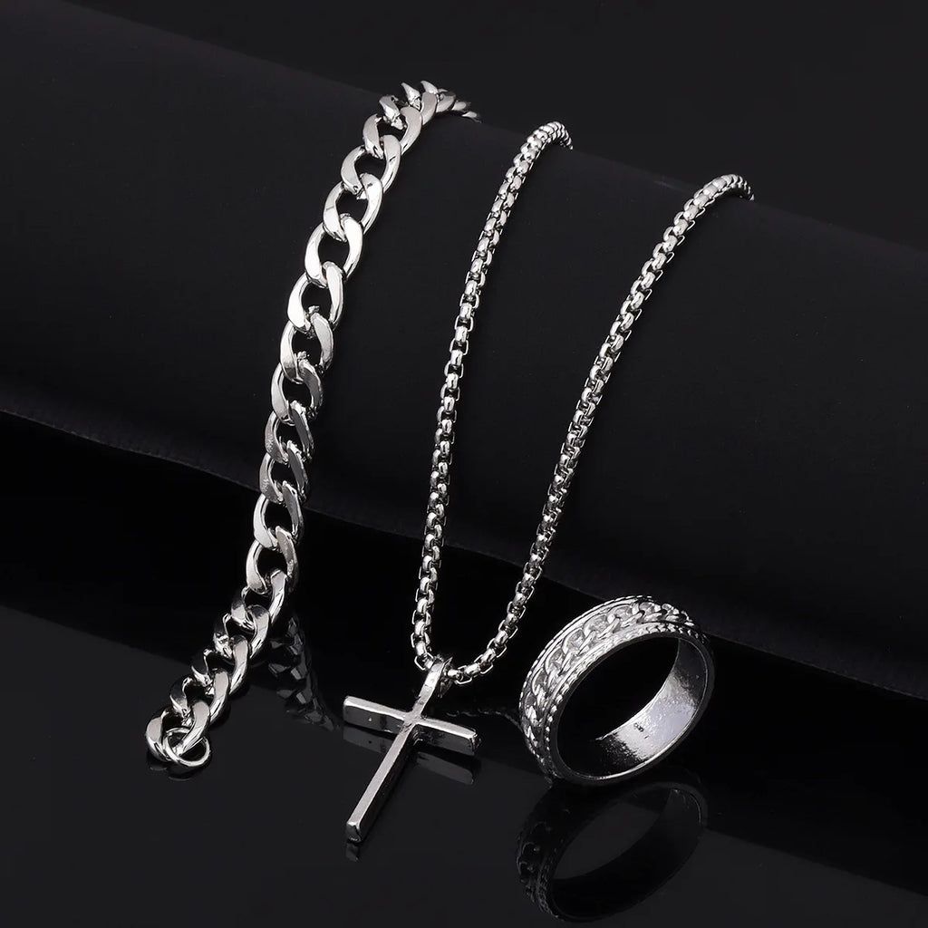 Cuban Cross Pendant Necklace Bracelet Ring Set — Stainless Steel