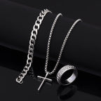 Cuban Cross Pendant Necklace Bracelet Ring Set — Stainless Steel