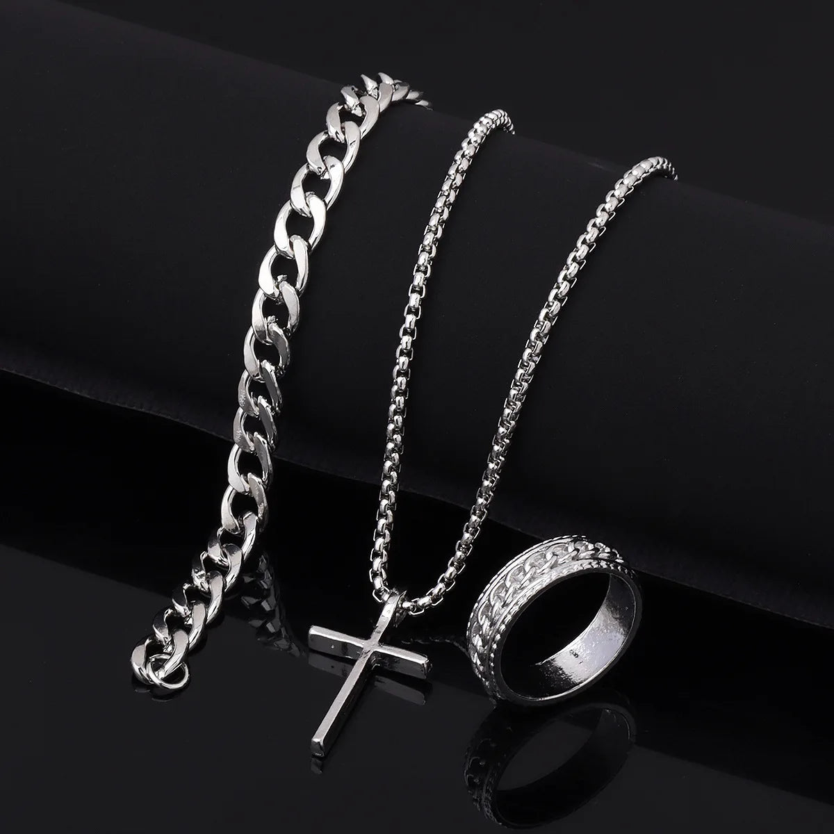 Cuban Cross Pendant Necklace Bracelet Ring Set — Stainless Steel