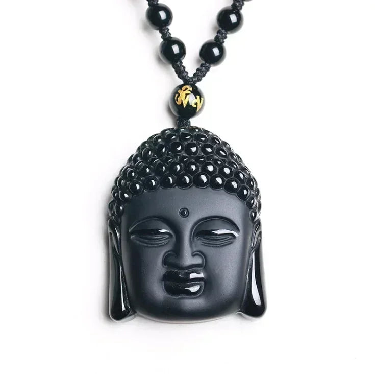 Obsidian Gossip Pendant Necklace Carving Dragon and Phoenix Shape Lucky Amulet Jewelry Six-Character Mantra Pearl