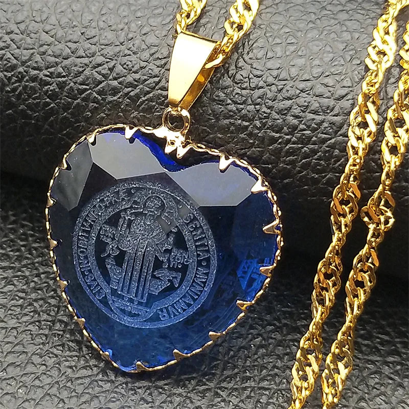 Saint Benedict Blue Heart Necklace — Stainless Steel