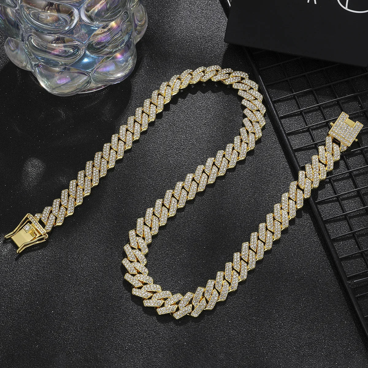 TrendMen Hiphop Rock Cuban Link Chain Alloy Necklaces For men Boys Gold Color Metal Crystal Clavicle Chain Party