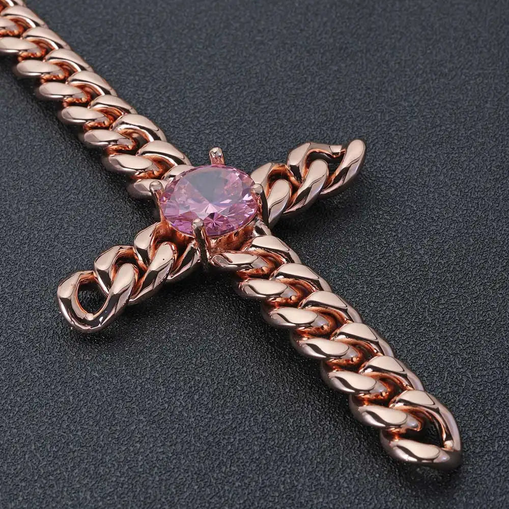 Rose Gold Cross Pendant Necklace Cuban Chain