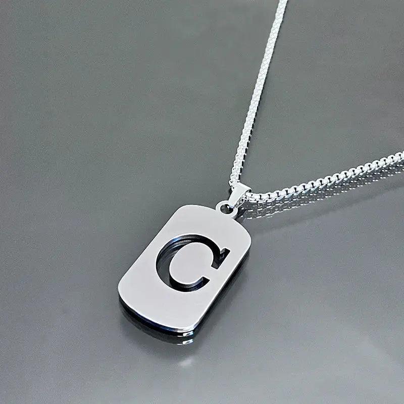 Initial Letter Tag Pendant Necklace — Stainless Steel
