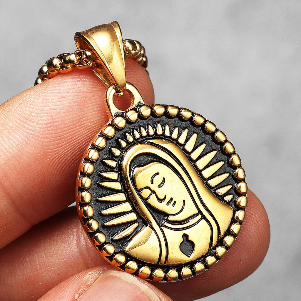 Virgin Mary Pendant Necklace Stainless Steel Vintage