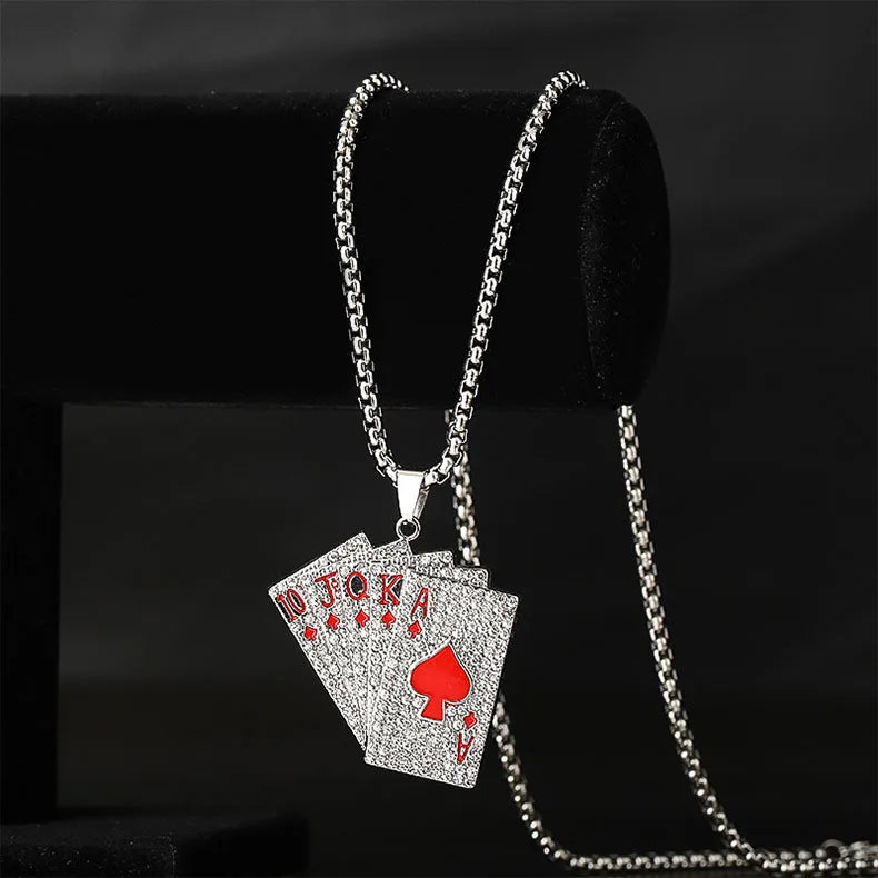 Iced Out Ace Playing Card Pendant Necklace — Stainless Steel