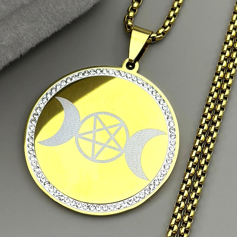 Star Moon Gold Pendant Goddess Triple Pentagram
