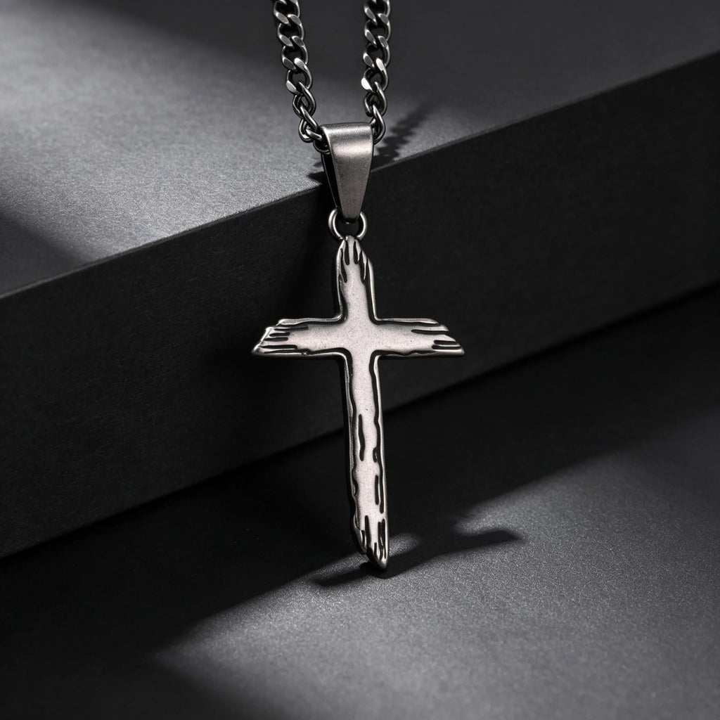 Wood Textured Cross Necklace for Men — Stainless Steel Chain